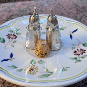 Vintage Sterling Silver Shakers & French Moustiers Plate Set + Bonus Thimble